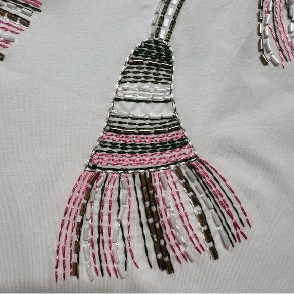 Leo & Ugo Paris White Pink Round Neck Embellished Women's Top Cap Sleeve Shirt L - Picture 8 of 11